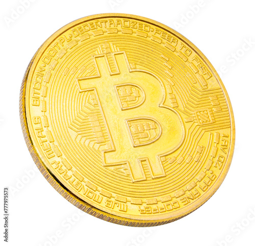 Golden Bitcoin isolated on white background, Bitcoin, Physical bitcoin, Digital currency, Cryptocurrency. png file.
