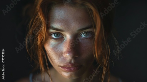 emotional portrait of a young woman staring at the camera on a dark background