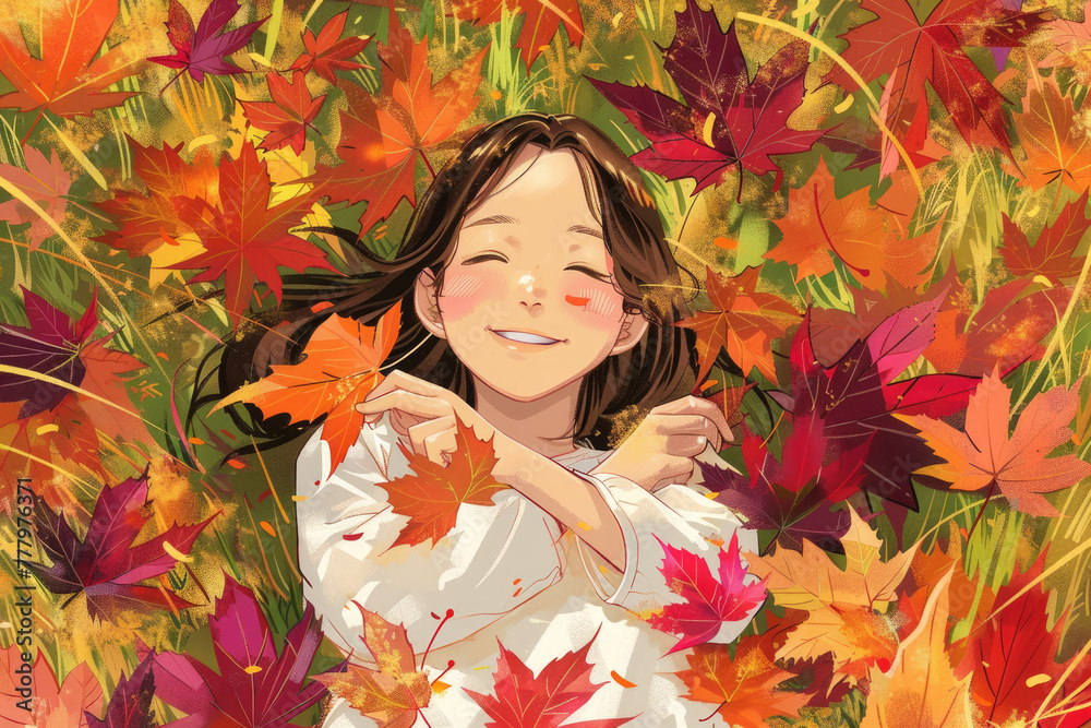 A girl in a white sweater lies on the grass among colorful autumn leaves, holding a red and yellow maple leaf close to her chest with closed eyes