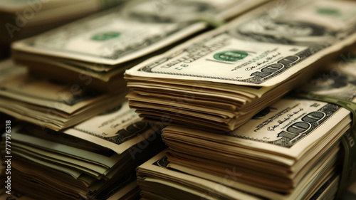 Large stacks of dollar bills stacked on a table symbolize significant income and monetary assets, representing financial prosperity and the accumulation of wealth.