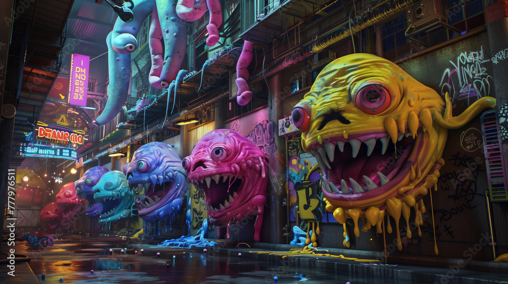 Fototapeta premium Surreal Urban Night with Grotesque Monster Parade