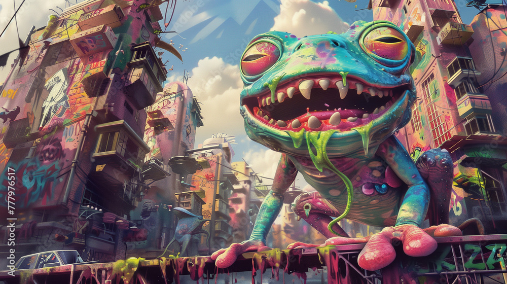 Fototapeta premium Vibrant Graffiti Chameleon in Urban Jungle