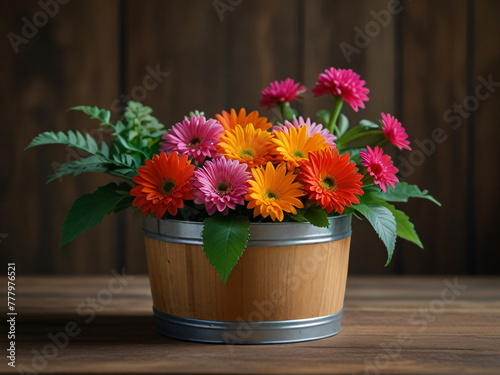 colorful flowers in wooden basket. generative AI.