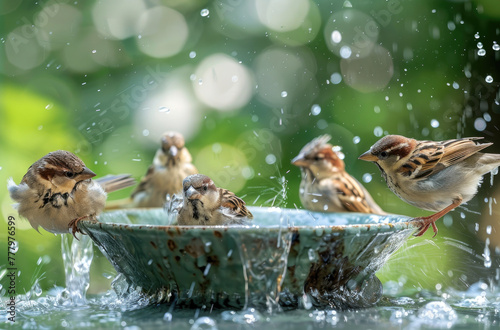 A group of small birds sitting in the bowl and splashing water, some cute little brown sparrow birdes playing together on summer sunny day, while others enjoying wet dripping droplets on their feather photo