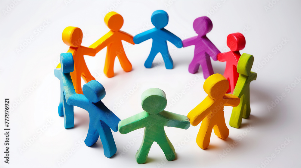 Colorful foam figures of people holding hands on a white background symbolize cooperation, support and teamwork.