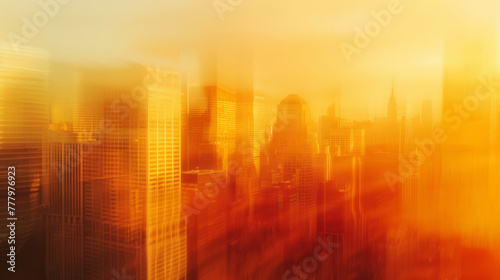 Cityscape with heat mirage effect blurring buildings, photorealistic,