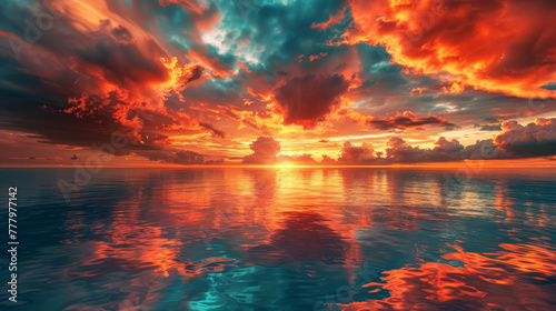 Fiery sky reflection in ocean  global warming  surreal 