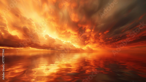 Fiery sky reflection in ocean, global warming, surreal,
