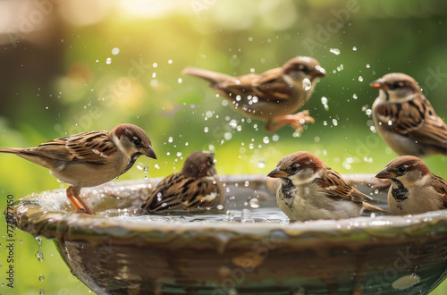 A group of small birds sitting in the bowl and splashing water, some cute little brown sparrow birdes playing together on summer sunny day, while others enjoying wet dripping droplets on their feather photo