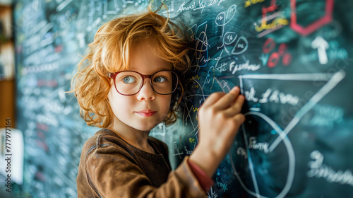 Young child with glasses writing on a chalkboard covered in mathematical equations, looking curious and intelligent. © Na-No Photos