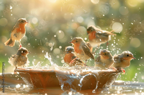 A group of small birds sitting in the bowl and splashing water, some cute little brown sparrow birdes playing together on summer sunny day, while others enjoying wet dripping droplets on their feather photo