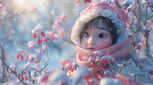 Lil beautiful and pretty blue eyes baby girl closeup view standing outside in snow with trees. pretty Doll baby girls in beautiful pink dress.