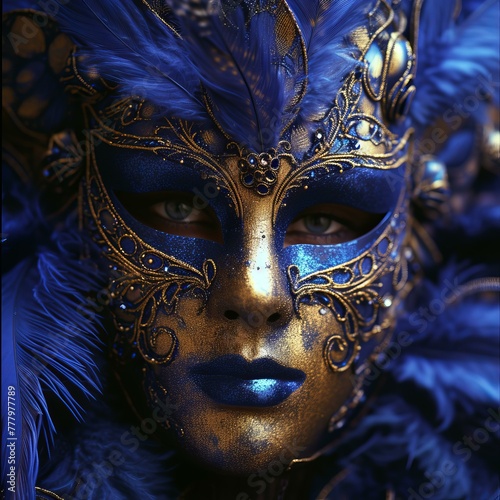 a gold and blue mask with a feathers on glass, in the style of dark sky-blue and dark violet, photo taken with provia, AI Generative