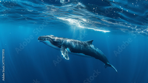 A humpback whale swimming in the deep blue sea, captured in stunning underwater photography, AI Generative. © Alisa