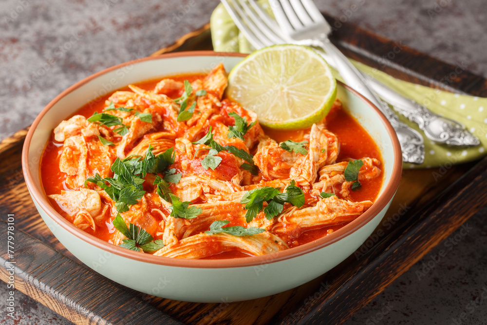 Mexican Baked shredded Chicken and tomato salsa close-up in a bowl on a wooden board. Horizontal