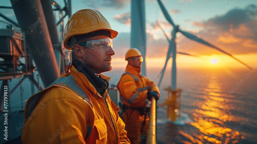 Close-up of two male engineers in safety suits standing on a wind turbine. Close-up of two male engineers in safety suits standing on a wind turbine.