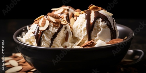  A scoop of decadent chocolate brownie fudge ice cream with chunks of brownie and swirls of fudge sauce.
