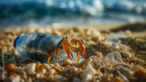 An oceanside crab hiding among plastic trash, symbolizing the impact of pollution on marine life and coastal ecosystems photo