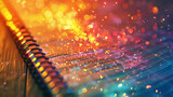 A scrapbooking journal sheet decorated with magical glitter and sequins is shown close-up, emphasizing the intricacies of the ruled paper. journal, notes, dreams.