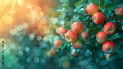 Ripe apples growing on a branch with green leaves in the garden. Sunny day. Bokeh effect. AI generative