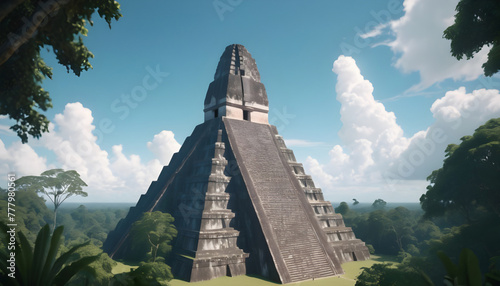 Ancient Mayan pyramid in the jungle. 3D Rendering. Generative AI.