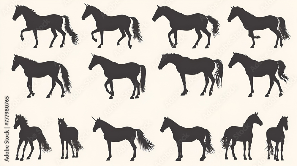 Horses silhouette set vector illustration, Collection of Horse silhouette, ai generated