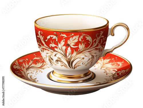 a teacup and saucer with gold designs