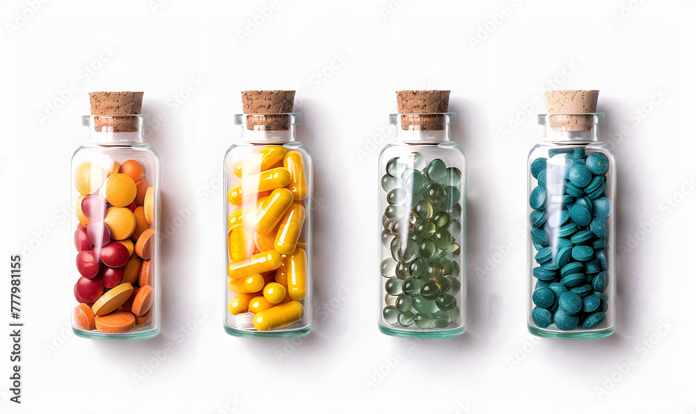Set of tablets in glass bottles, Generative AI 