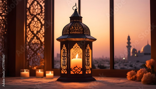 Beautiful Ramadan Kareem greeting card. Arabic lantern with burning candles. Generative AI