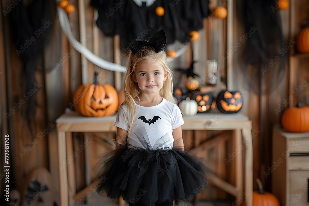 a little girl with a Halloween costume posing in front of a halloween background in a photostudio