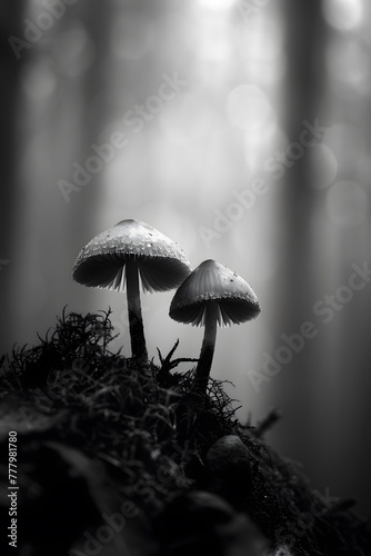 mushrooms in the misty forest
