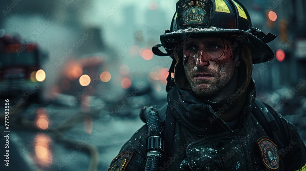 firefighter working In the damaged city