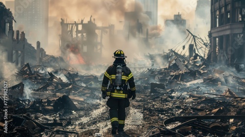 firefighter working In the damaged city photo