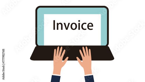 ノートパソコンにInvoice文字と両手