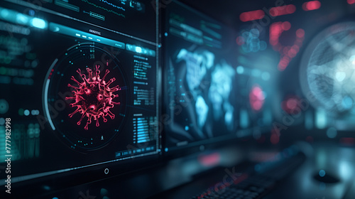 antivirus software interface on a monitor, with a magnified virus symbol being targeted and neutralized, Generative AI