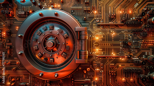An abstract photo of a secure digital vault door, embedded in a circuit board. The vault door is heavy and metallic with a complex lock mechanism, Generative AI