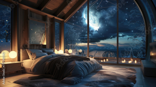 a glass dome bedroom in the arctic forest  starry sky outside  warm bed with grey sheets and white pillows  warm light inside  night time  beautiful stars