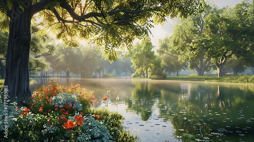 Tranquility reigns in a summer park, where a pristine lake reflects the beauty of surrounding trees and flowers, kissed by the warmth of sunlight