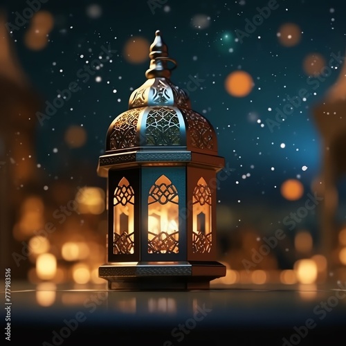 Eid mubarak and ramadan kareem greetings with islamic lantern and mosque. Eid al fitr background © Realistic AI