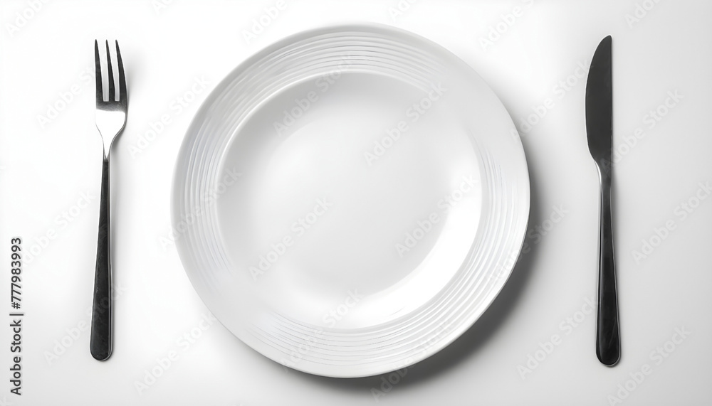 Empty plate, knife and fork isolated on white background. Top view. Generative AI Empty plate, knife and fork isolated on white background. Top view. Generative AI