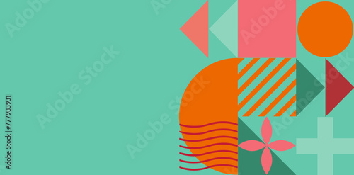 different geometric colored shapes on a turquoise background. texture in the style of geometric abstraction
