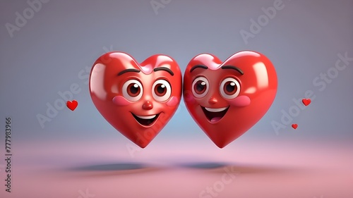 Red heart-shaped emoji emoticon character. two-dimensional animated hearts with emotions and a heart emoji are rendered in 3D along with a cute face. The Day of Lovers' Icon. A representation of all l photo
