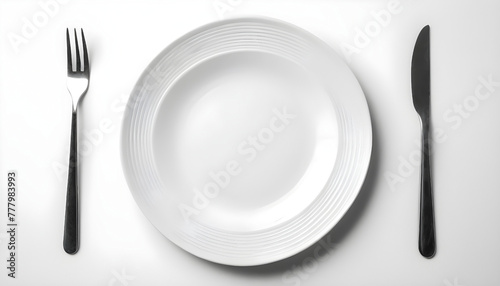 Empty plate, knife and fork isolated on white background. Top view. Generative AI