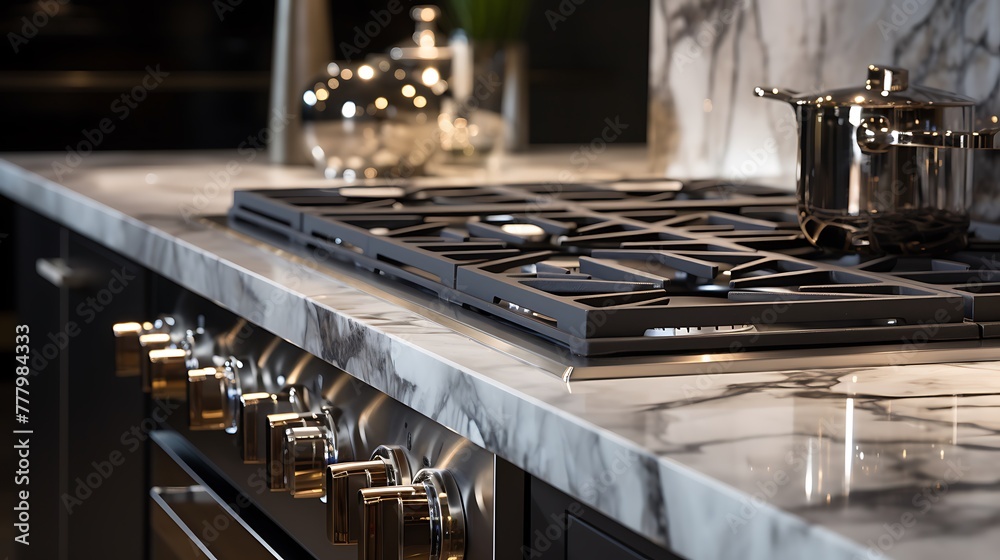 A close-up of a sleek gas stove framed by elegant marble countertops, showcasing the epitome of modern culinary sophistication