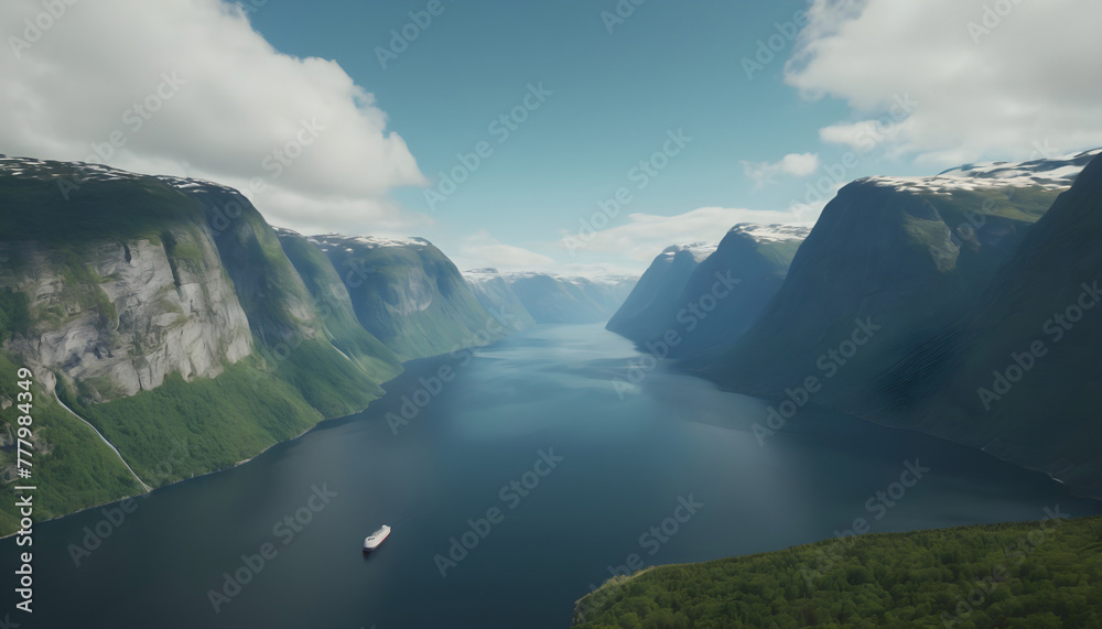 Fjord Aurlandsfjord in Norway. 3d rendering. Generative AI
