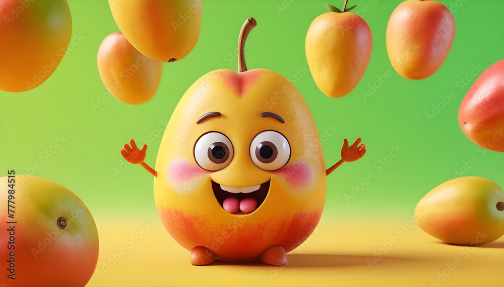 Funny mango character with face and eyes. 3D Rendering. Generative AI Funny mango character with face and eyes. 3D Rendering. Generative AI