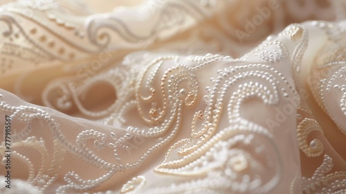 Swirls of beading on bridal lace, representing delicate fashion detailing and bridal wear elegance.