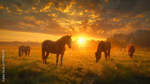 Peaceful Panoramic View Of Purebred Horses Grazing in green fields At Sunset, generated ai © Azmee