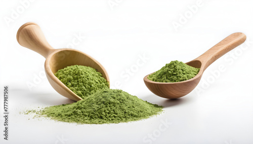 Powdered matcha green tea in wooden spoon on wooden background. Generative AI