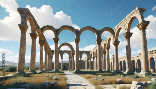 Ruins of the Roman aqueduct in Jerash, Jordan. Generative AI